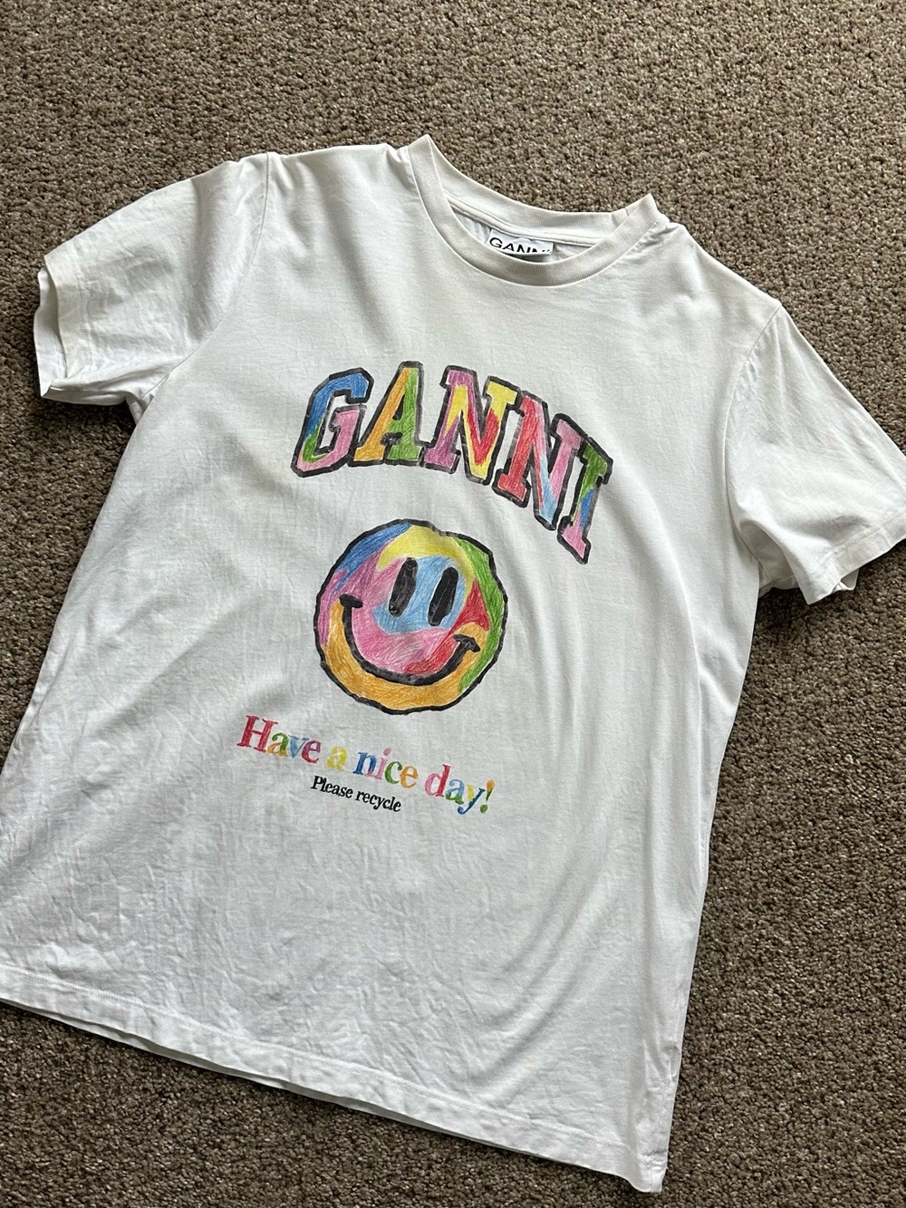 Ganni White Multicolor 'GANNI' Logo & Smiley Graphic Tee